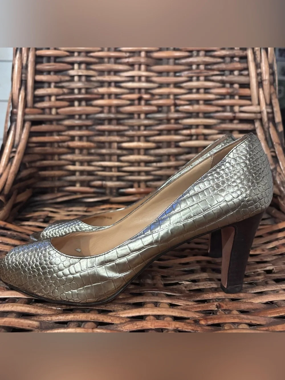Cole Haan Women's Gold Metallic Peep Toe Heels in size 8.5